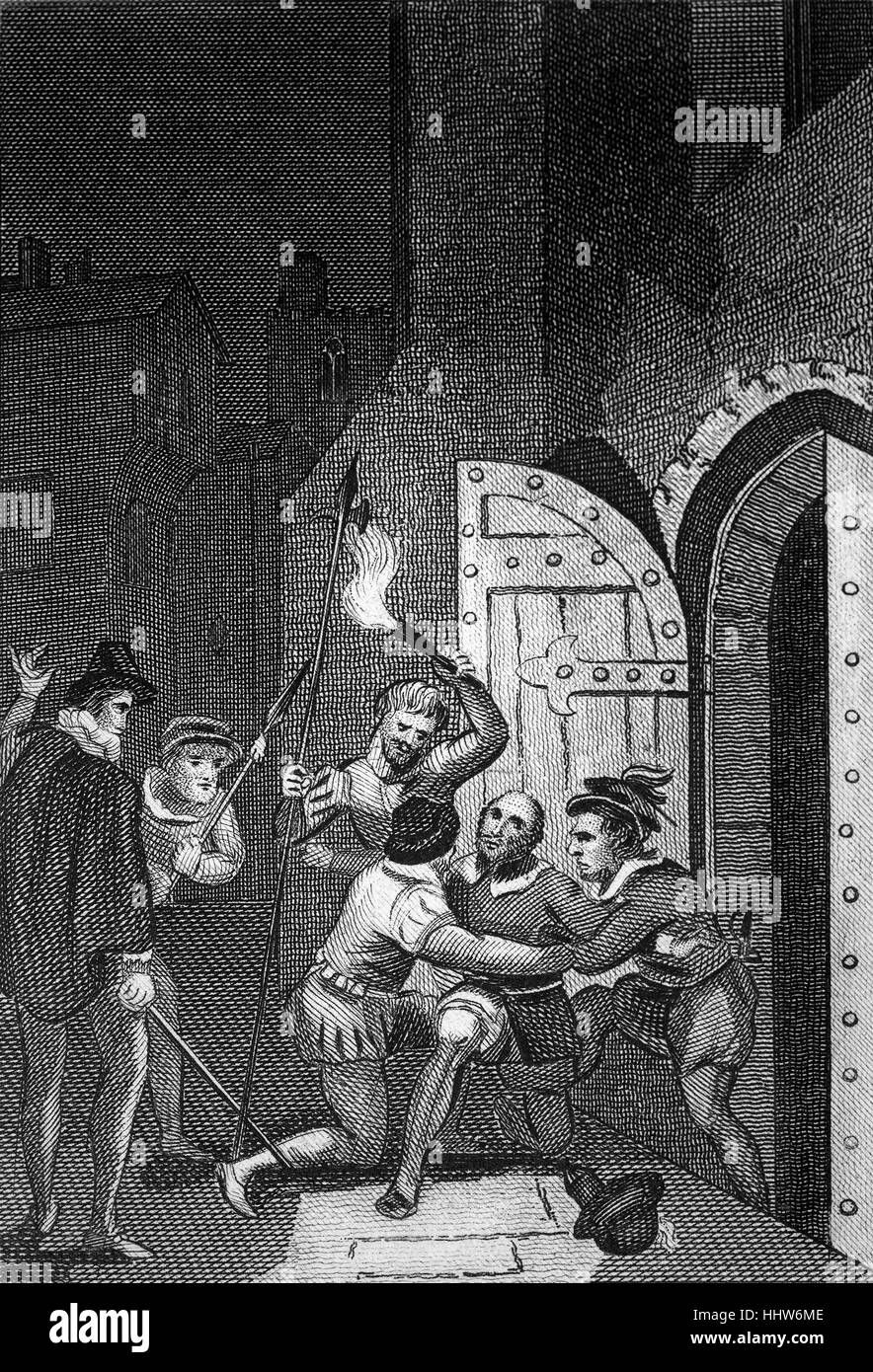 Guy Fawkes (1570-1606), war ein Mitglied einer Gruppe von provinziellen englischen Katholiken, die fehlgeschlagenen Gunpowder Plot von 1605 geplant. Fawkess letzte Rolle in der Handlung war ans Licht, die Sicherung und die Flucht über die Thames.He auf seiner Station spät in der vorherigen Nacht bewaffnet mit einem Slow Match und eine Uhr nahm. Er wurde gefunden, verlassen den Keller kurz nach Mitternacht und verhaftet. Im Inneren wurden die Fässer Schießpulver entdeckt unter Stapeln von Brennholz und Kohle versteckt. Stockfoto