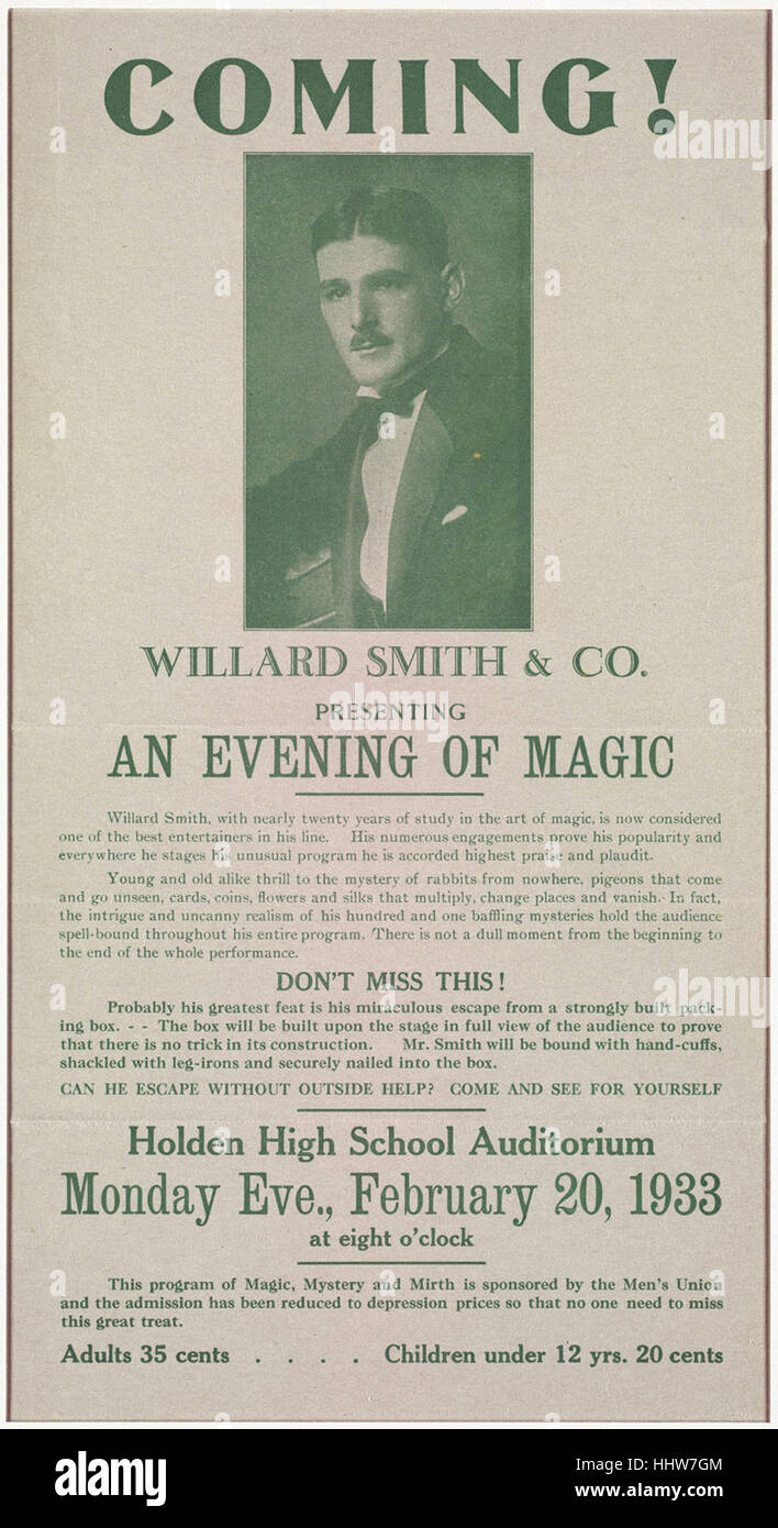 Vor der Tür! Willard Smith & Co. präsentiert einen Abend mit magischen   Holden High School Auditorium, Montag Eva., 20. Februar 1933 an 08:00 - Magic Poster Stockfoto