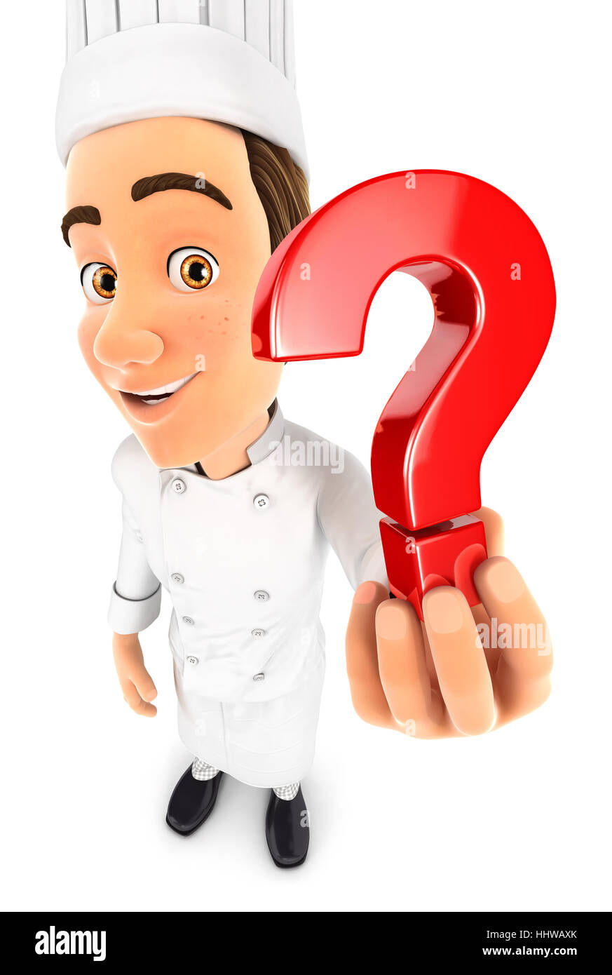 3D Küchenchef hält ein Fragezeichen-Symbol, Abbildung mit isolierten weißen Hintergrund Stockfoto