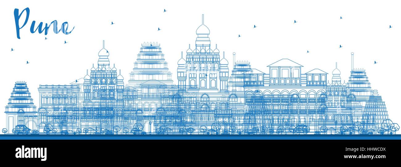 Pune Skyline mit blauen Gebäuden zu skizzieren. Vektor-Illustration. Geschäftsreisen und Tourismus-Konzept mit historischen Gebäuden. Stock Vektor