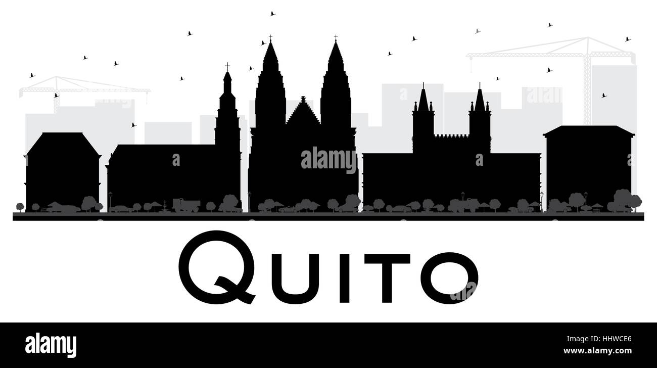 Quito Stadt Skyline schwarz-weiß Silhouette. Einfache flache Darstellung für Tourismus Präsentation, Banner, Plakat oder Website. Stadtbild mit Wahrzeichen Stock Vektor