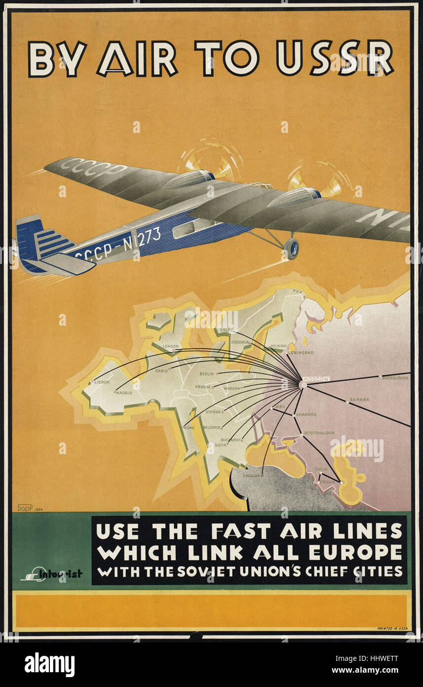 Mit dem Flugzeug nach UdSSR - Reisen Vintage Poster der 1920er Jahre der 1940er Jahre Stockfoto