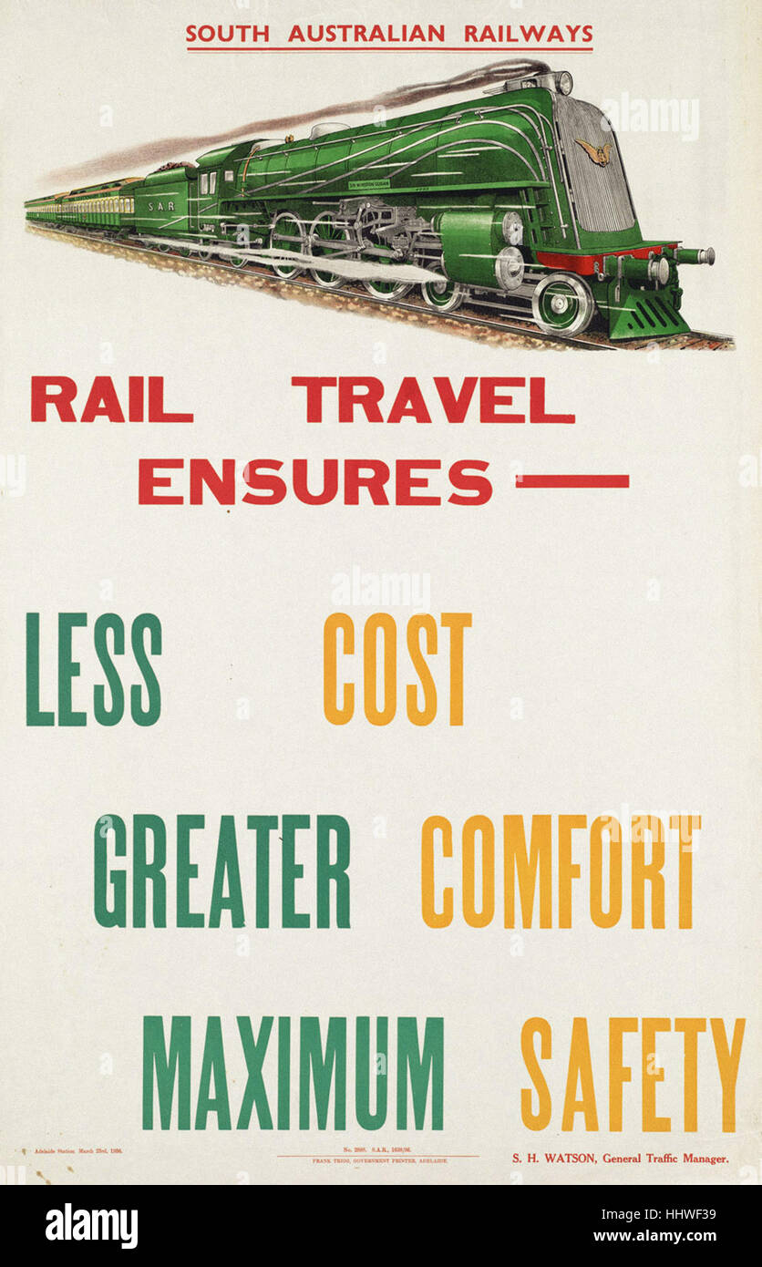 Reisen mit der Bahn sorgt für--weniger Kosten, mehr Komfort, maximale Sicherheit - Vintage Reisen Plakat der 1920er Jahre der 1940er-Jahre Stockfoto