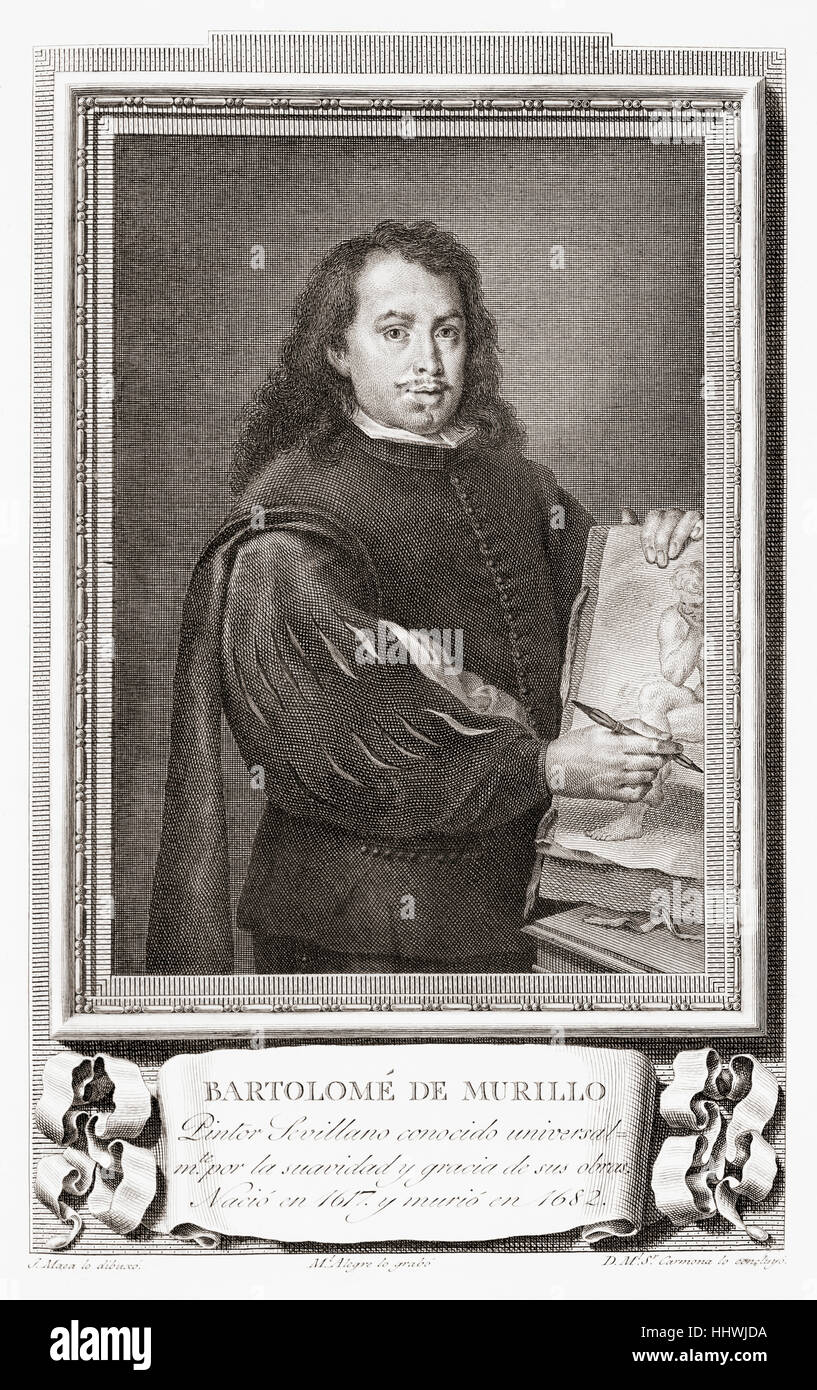 Bartolomé Esteban Murillo, 1617-1682.  Maler des spanischen Barock. Nach einer Radierung in Retratos de Los Españoles Ilustres veröffentlicht Madrid, 1791 Stockfoto