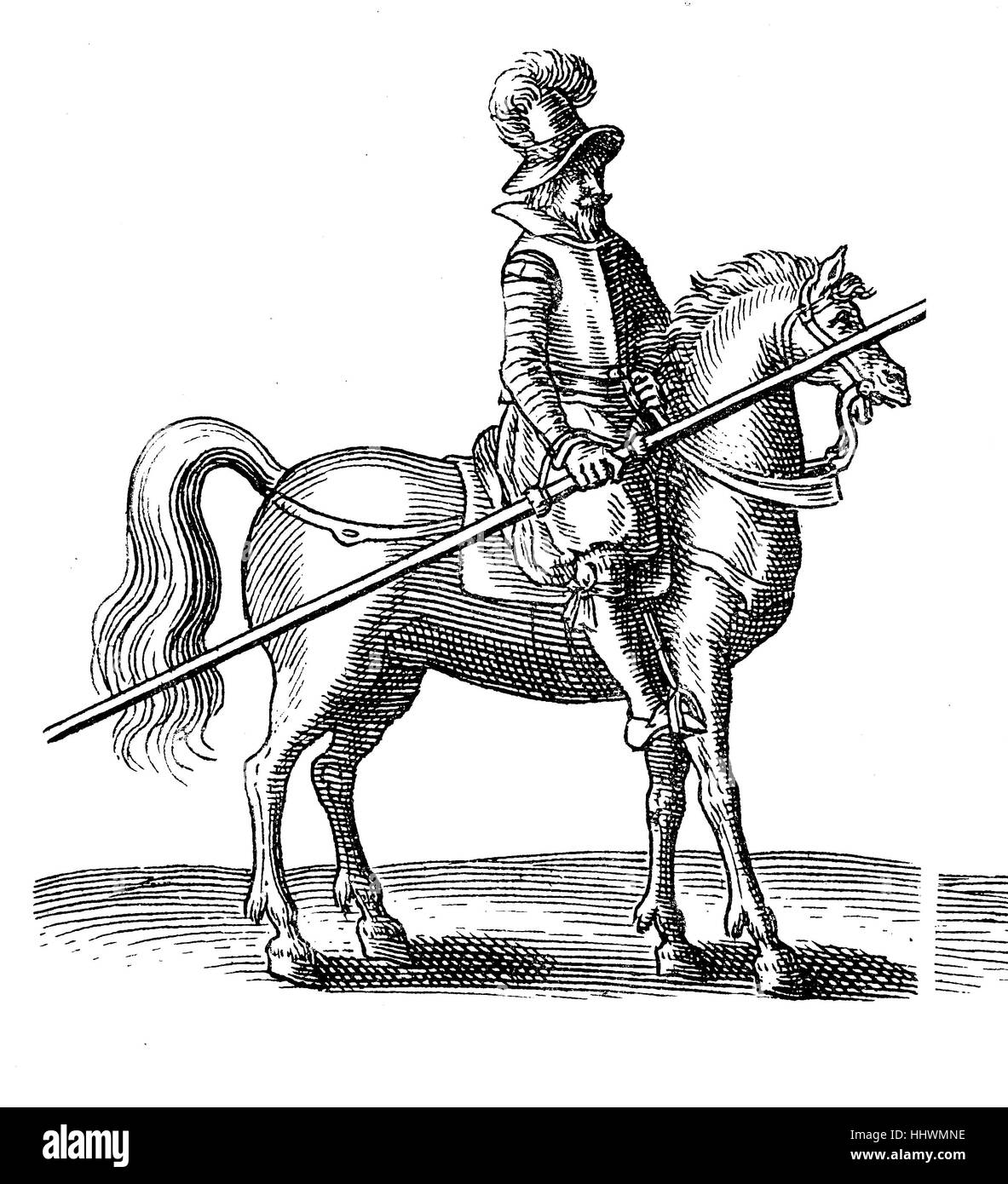 Lance Fahrer des Dreißigjährigen Krieges, mit Rüstung und Pferd, Geschichtsbild oder Illustration, veröffentlicht 1890, digital verbessert Stockfoto