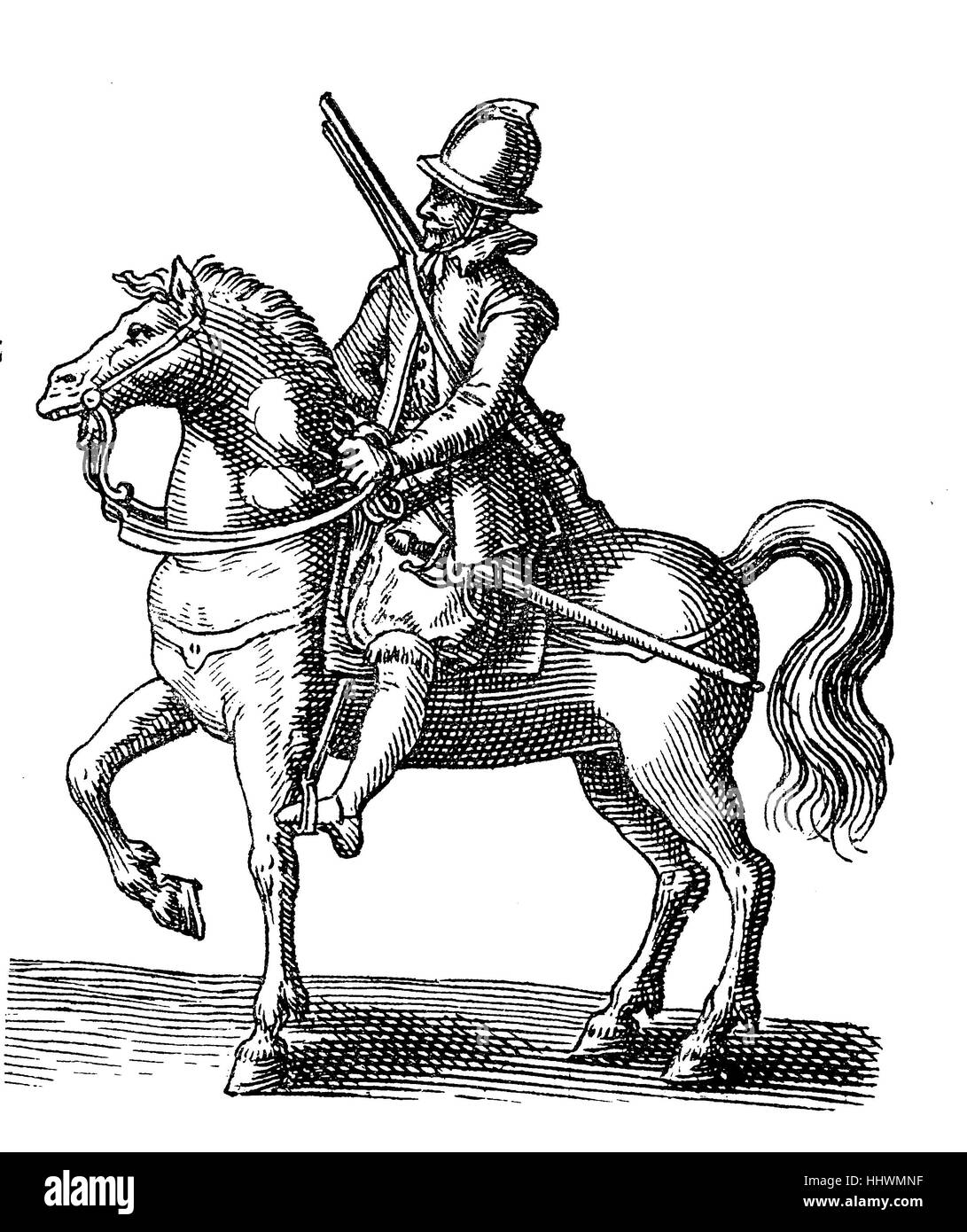 Harquebusierer oder Bandelier Reuter des Dreißigjährigen Krieges, mit Rüstung und Pferd, Geschichtsbild oder Illustration, veröffentlicht 1890, digital verbessert Stockfoto