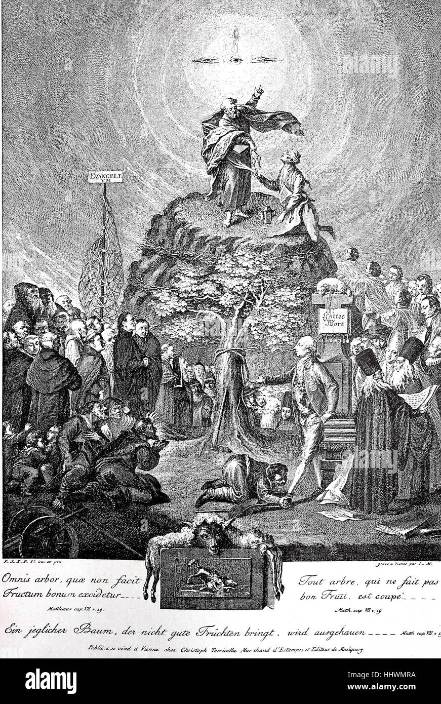 Allegorie auf die Abschaffung der Klöster von Joseph II., Faksimile, Österreich, Geschichtsbild oder Illustration, veröffentlicht 1890, digital verbessert Stockfoto