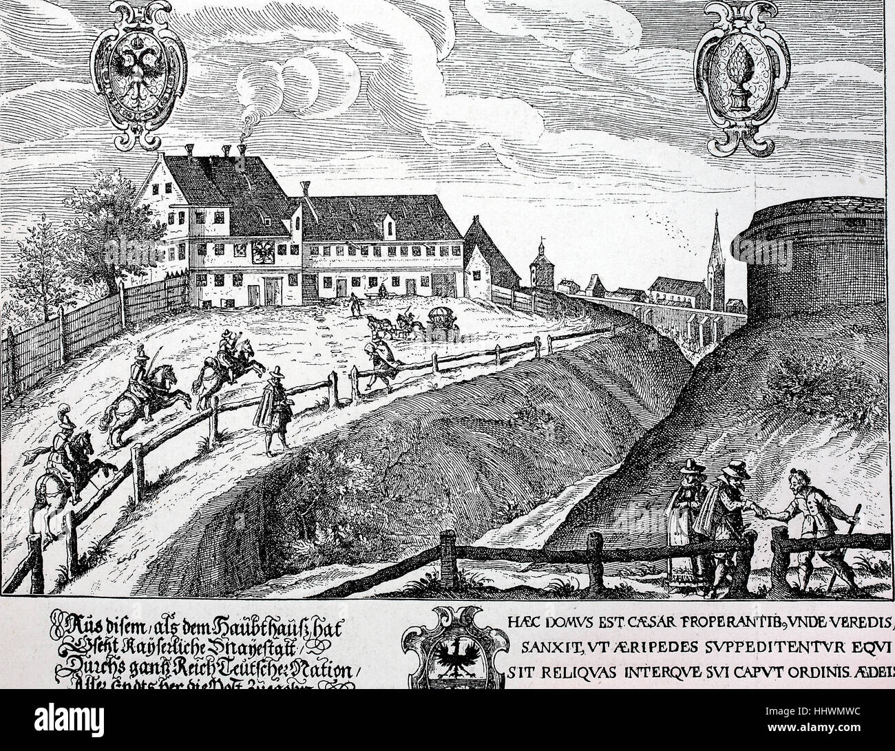 Die Poststation in Augsburg im Jahre 1616, Kupfer Kupferstich von Lucas Kilian, Deutschland, historisches Bild oder Illustration, veröffentlicht 1890, digital verbessert Stockfoto