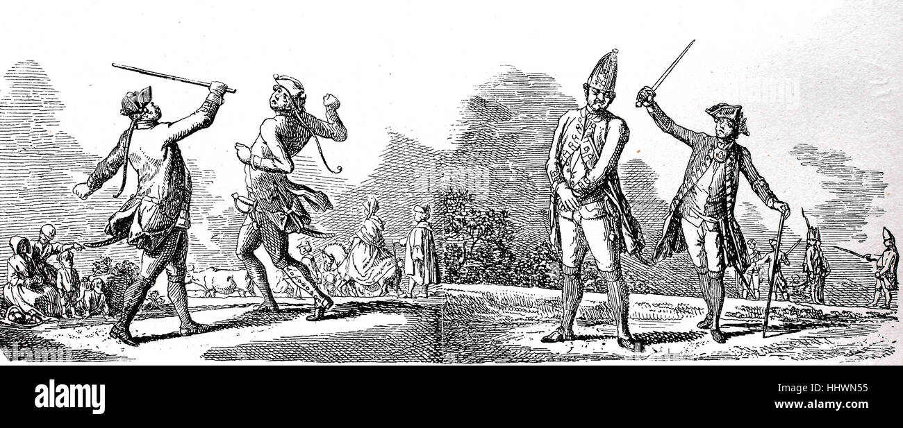 Preußischen Drill Meister, zwischen 1713 und 1740 verstärkte Ausbildung der preußischen Infanterie, Deutschland, Radierung von Daniel Chodowiecki, Geschichtsbild oder Illustration, veröffentlicht 1890, digital verbessert Stockfoto