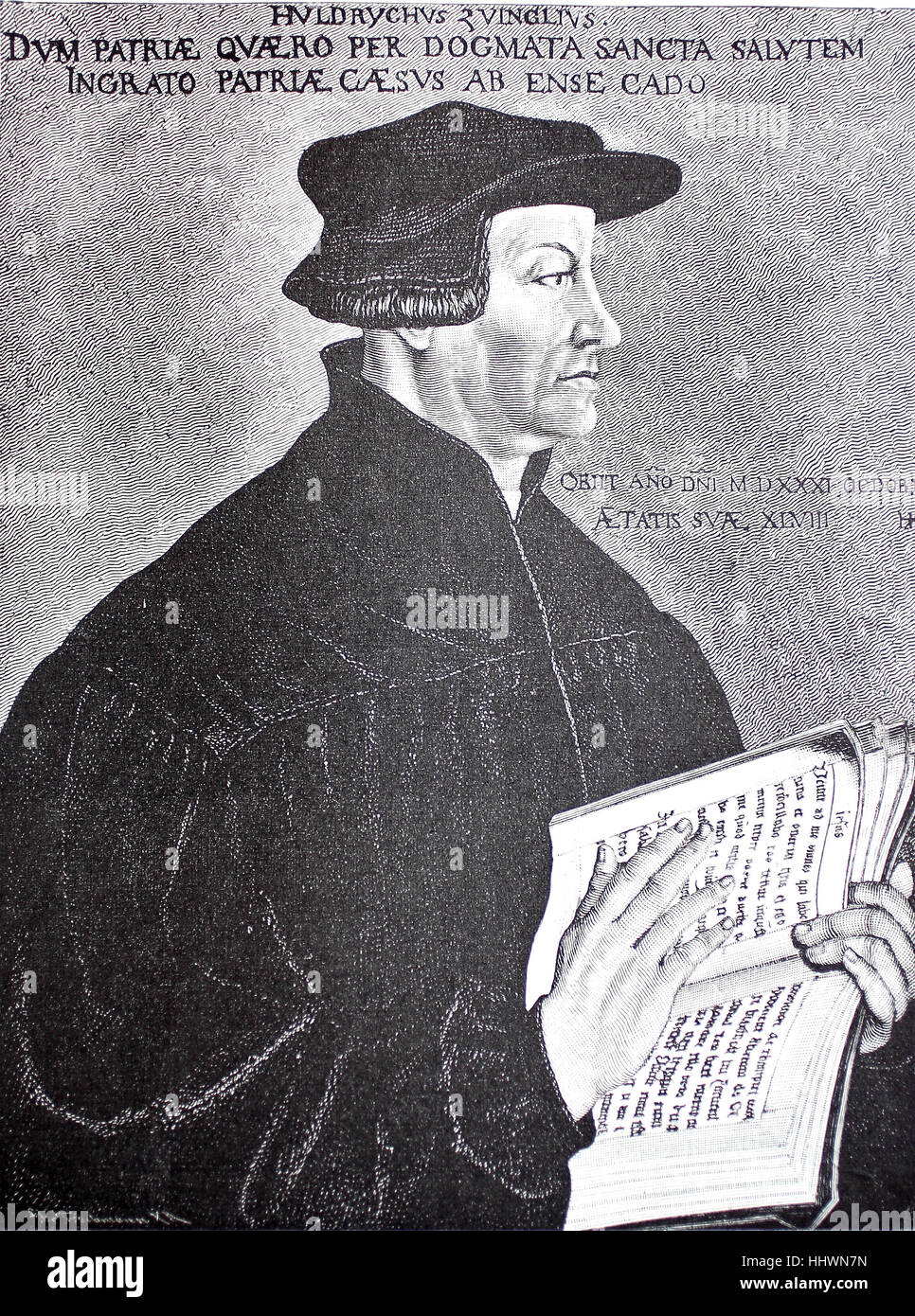 Huldrych Zwingli oder Ulrich Zwingli, 1 Januar 1484-11 Oktober 1531, war ein Führer der Reformation in der Schweiz, Gemälde von Hans Asper, 1499-1571, Zürich, Österreich, Geschichtsbild oder Illustration, veröffentlicht 1890, Digital verbessert Stockfoto