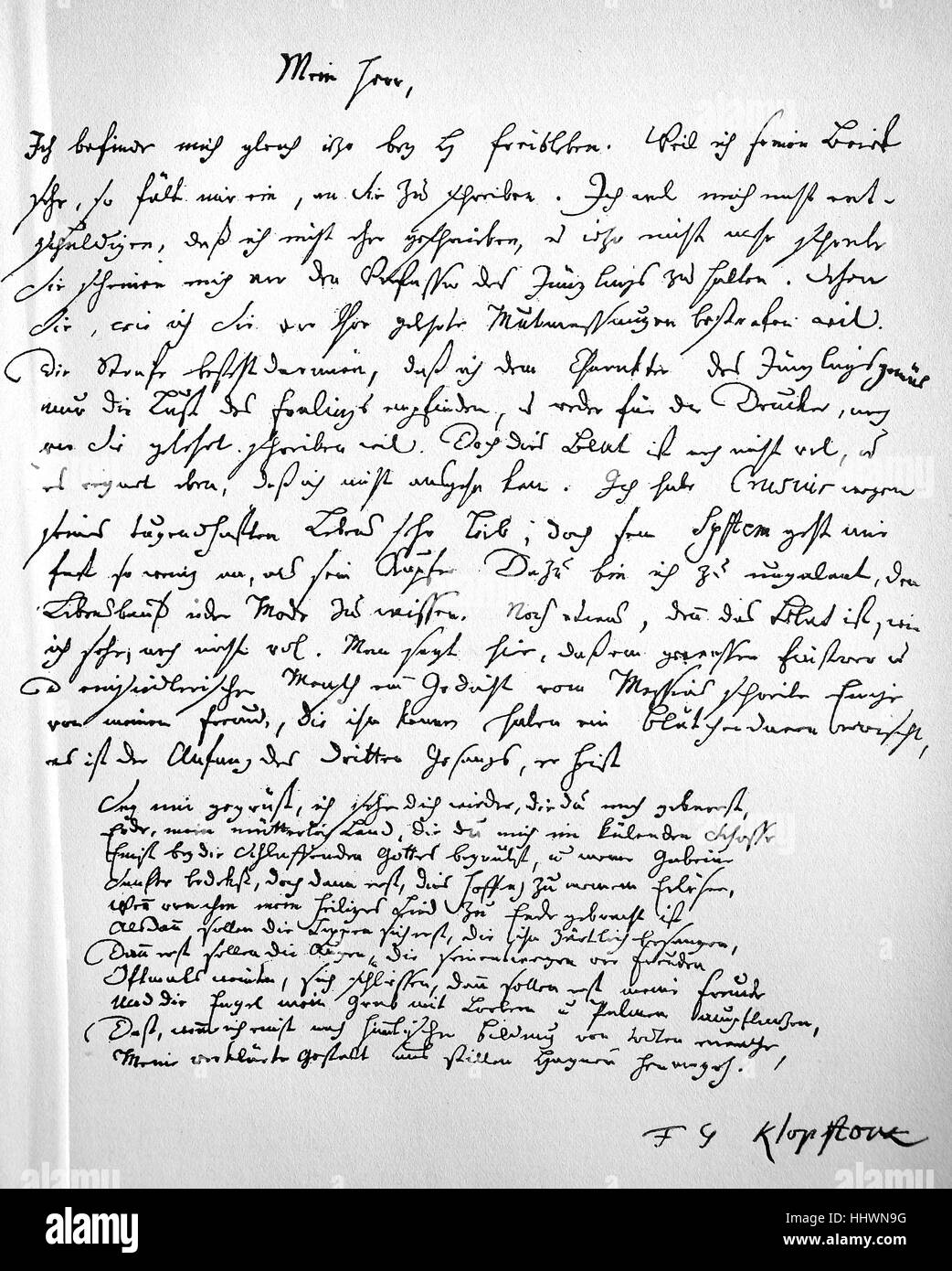 Ein persönlicher Brief von Friedrich Gottlieb Klopstock, geschrieben im Jahre 1747, mit Beginn des dritten Buches des Messias, die noch nicht gedruckt wurde,, Geschichtsbild oder Illustration, veröffentlicht 1890, digitale verbessert Stockfoto