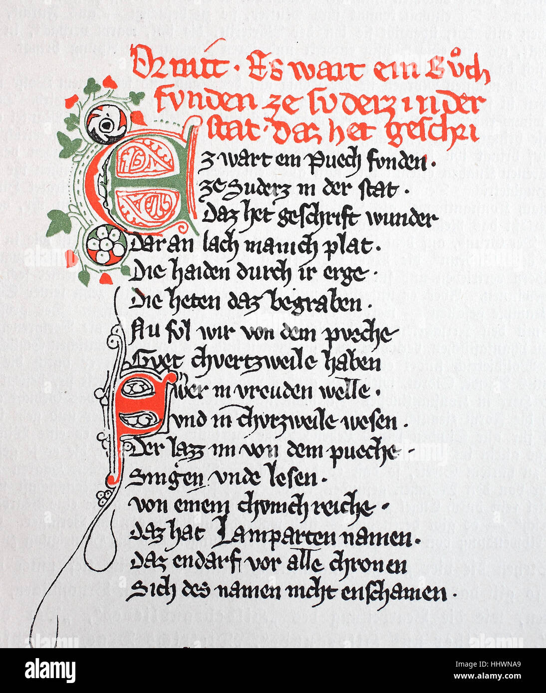 Beginn des Ortnit, nach dem Manuskript des k.k. Manuskriptmaterial in Wien, veröffentlicht die älteste erhaltene Ortnithandschrift, mittelalterliche Legende, 13. Jahrhundert,, Geschichtsbild oder Illustration, 1890, digital verbessert Stockfoto