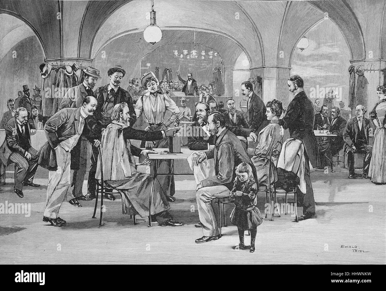 Bildhauer schildert in einem Berliner Bierlokal, nach einer Originalzeichnung von E. Hosang, Deutschland, historisches Bild oder Illustration, veröffentlicht 1890, digital verbessert Stockfoto