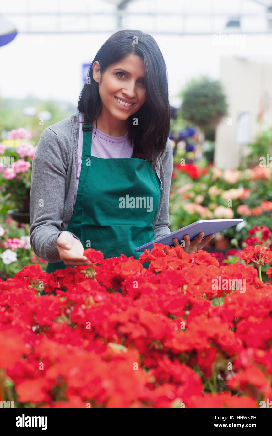 Garten Center Arbeitnehmer betrachten rote Blumen mit Tablet im