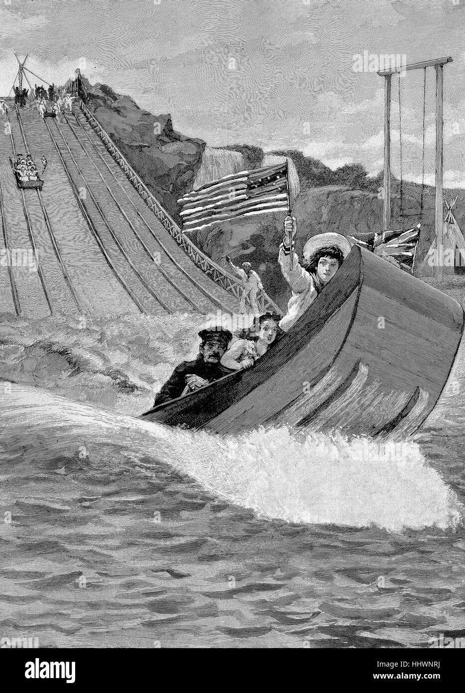 Kapitän Boyton Wasserrutschen, Vereinigte Staaten von Amerika, die Durchlaufmenge ist ein Fahrgeschäft, bestehend aus einem flachen Boot, eine Rampe hinunter oder in einem Gerinne in einer Lagune, Geschichtsbild oder Illustration, die Folien-Shooting veröffentlicht 1890, digital verbessert Stockfoto