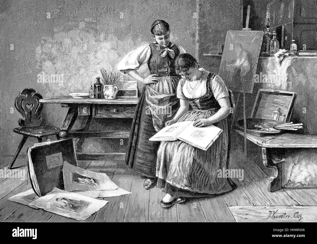 Unberufene Kritik, unbestätigte Kritik, zwei Mädchen Blick auf Zeichnungen, Bilder. Nach einem Gemälde des deutschen Malers Alexander Max Koester verbesserte Geschichtsbild oder Illustration, 1890, digital veröffentlicht Stockfoto