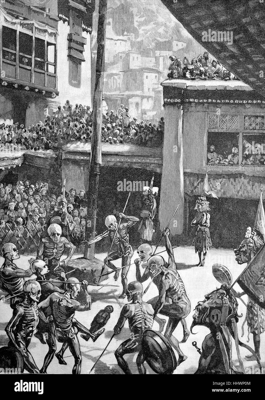 Tanz der Teufel in das buddhistische Kloster Himis oder Hemis in Tibet, Geschichtsbild oder Illustration, veröffentlicht 1890, digital verbessert Stockfoto