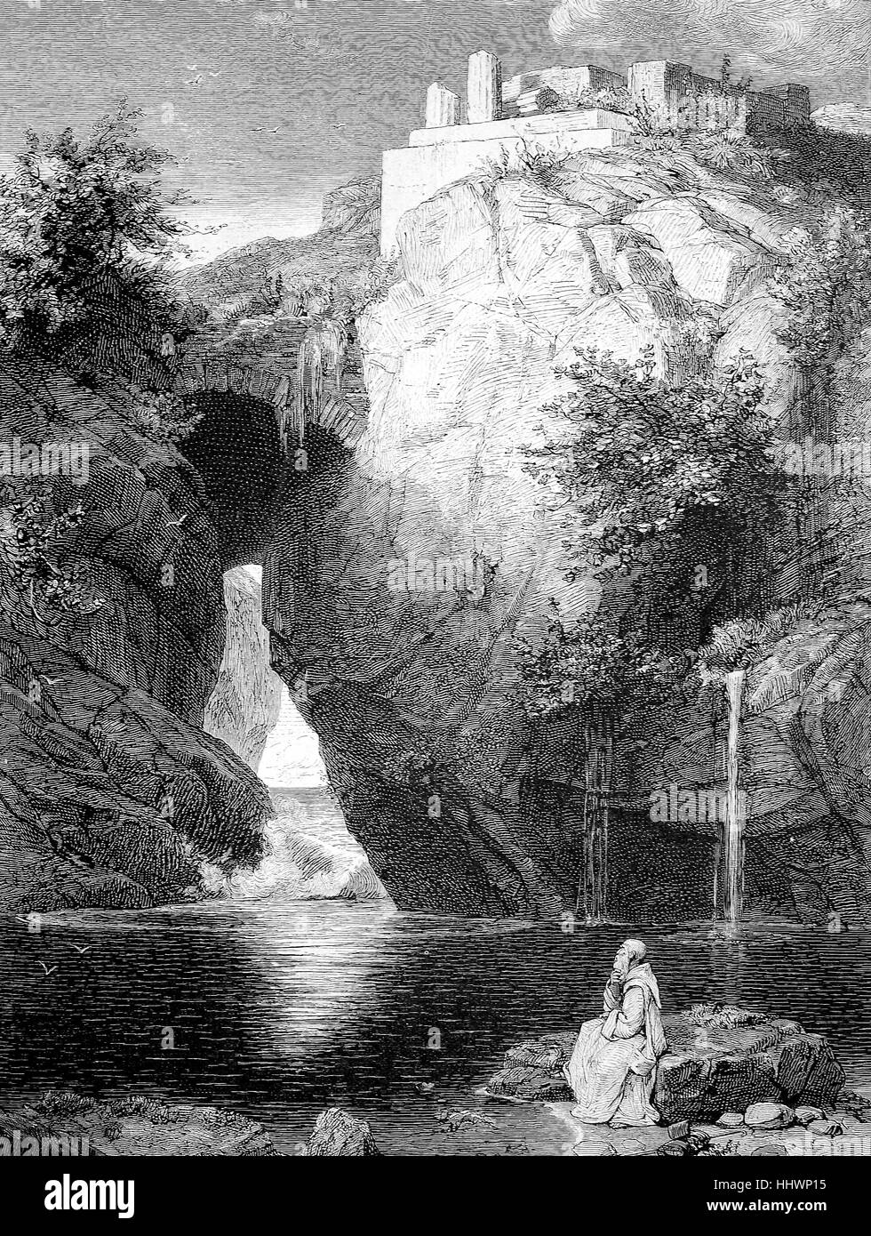 Bad der Diana in Sorrent, Blick auf eine felsige Pause wo brechen Wellen über einem verfallenen Tempel und am Wasser ein Meditierenden Mönch, Italien, Geschichtsbild oder Illustration, veröffentlicht 1890, digital verbessert Stockfoto