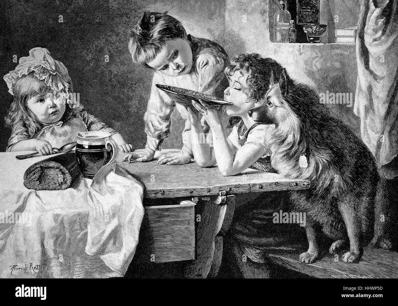 Jetzt ist es genug, Mädchen trinken Suppe aus der Platte und die Geschwister und der Hund beobachten, Deutschland, Geschichtsbild oder Illustration, Digital verbessert 1890 veröffentlicht Stockfoto