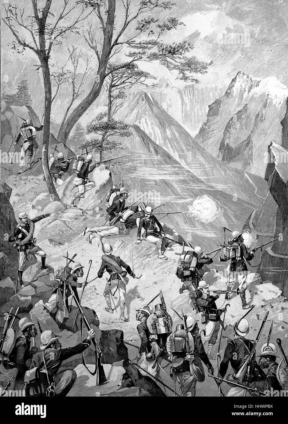Manöver der italienischen Alpen Jäger am Mont Genevre, Italien, Originalzeichnung von A. Wald, historisches Bild oder Illustration, veröffentlicht 1890, Digital verbessert Stockfoto
