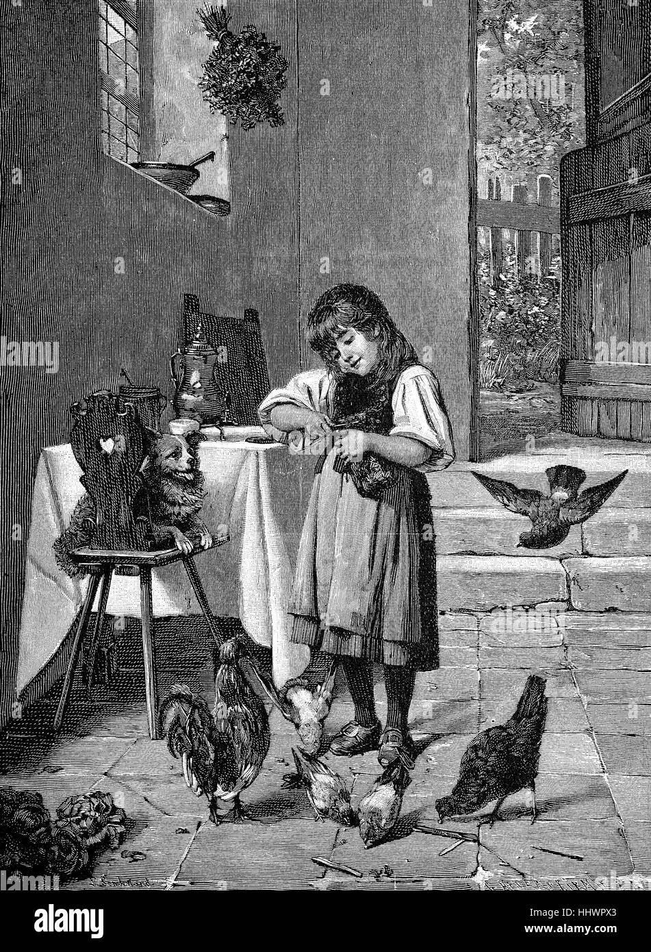 Gemeinsam Frühstück, Kind Frühstück mit Hund, Hühner und Tauben, nach einem Gemälde von p. Sonderland, Deutschland, historisches Bild oder Illustration, veröffentlicht 1890, digital verbessert Stockfoto