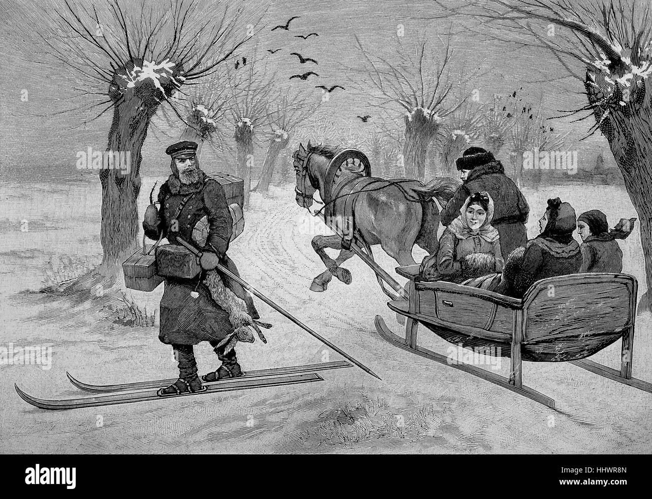 Postbote im Land mit Schneeschuhen in Ostpreußen und eine Kutsche, Geschichtsbild oder Illustration, veröffentlicht 1890, digital verbessert Stockfoto