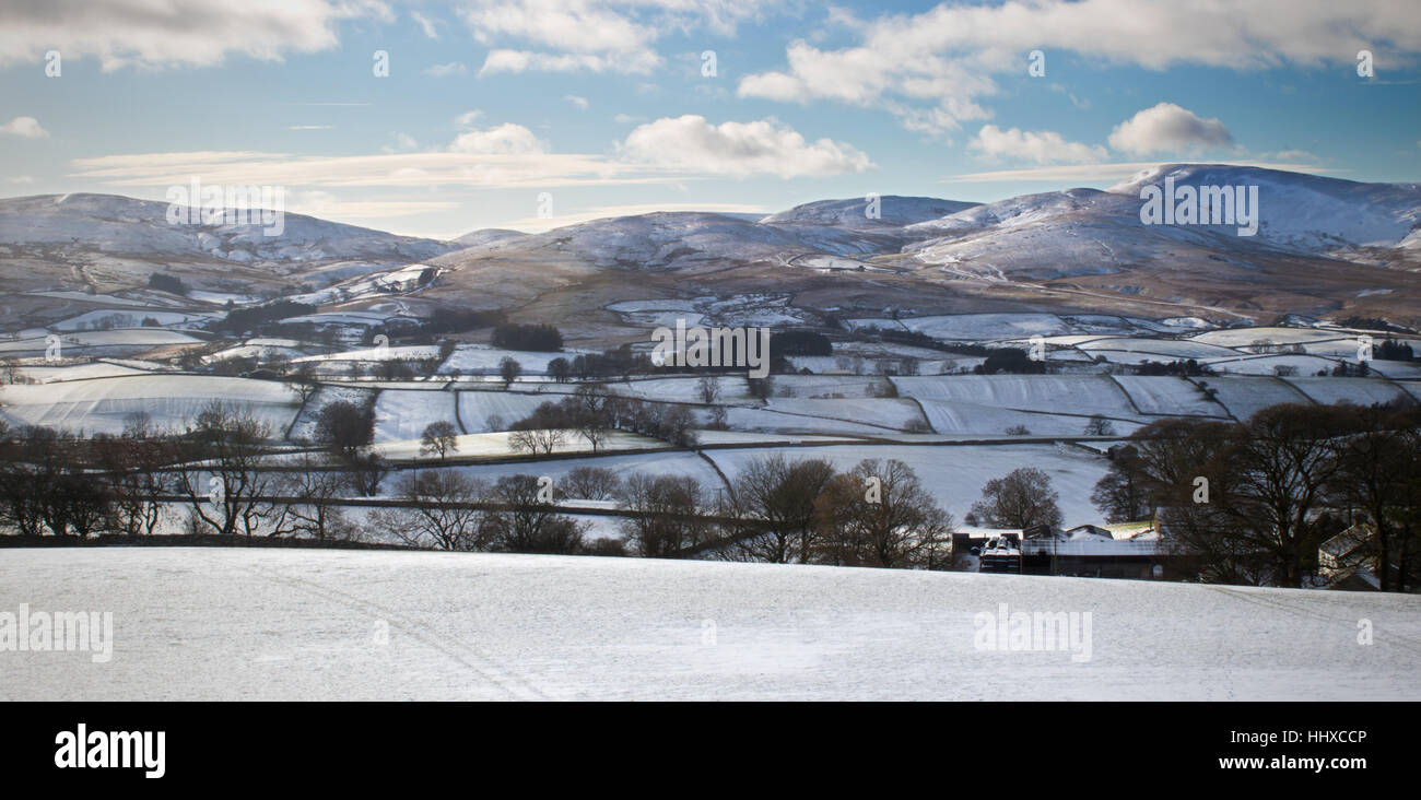 Leichten Abstauben von Schnee über die Felder und Hügel oberhalb Ravenstonedale in Cumbria Stockfoto