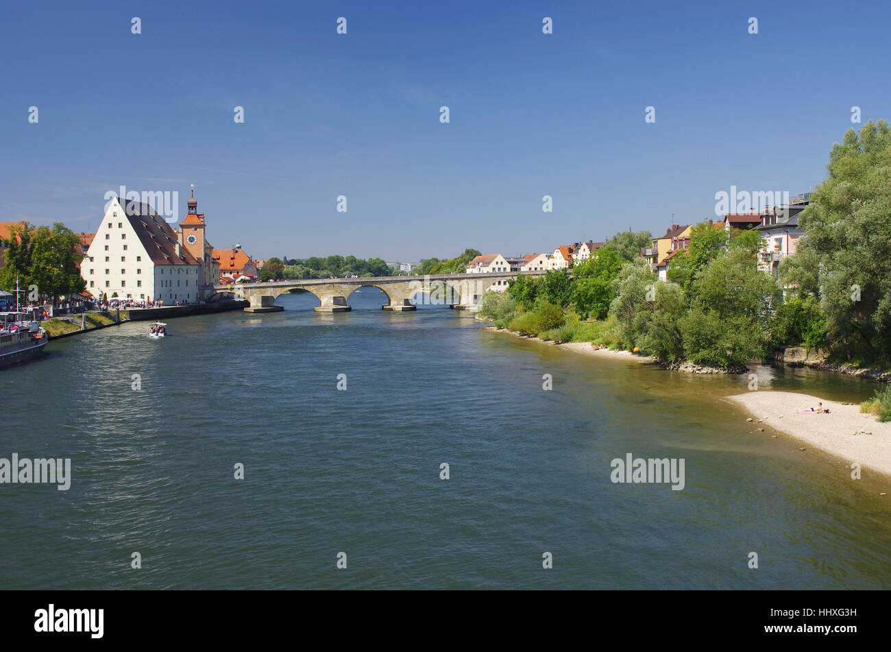 Ort, Stadt, Brücke, Donau, Weltkulturerbe, Regensburg, Fluss, Wasser, Stockfoto