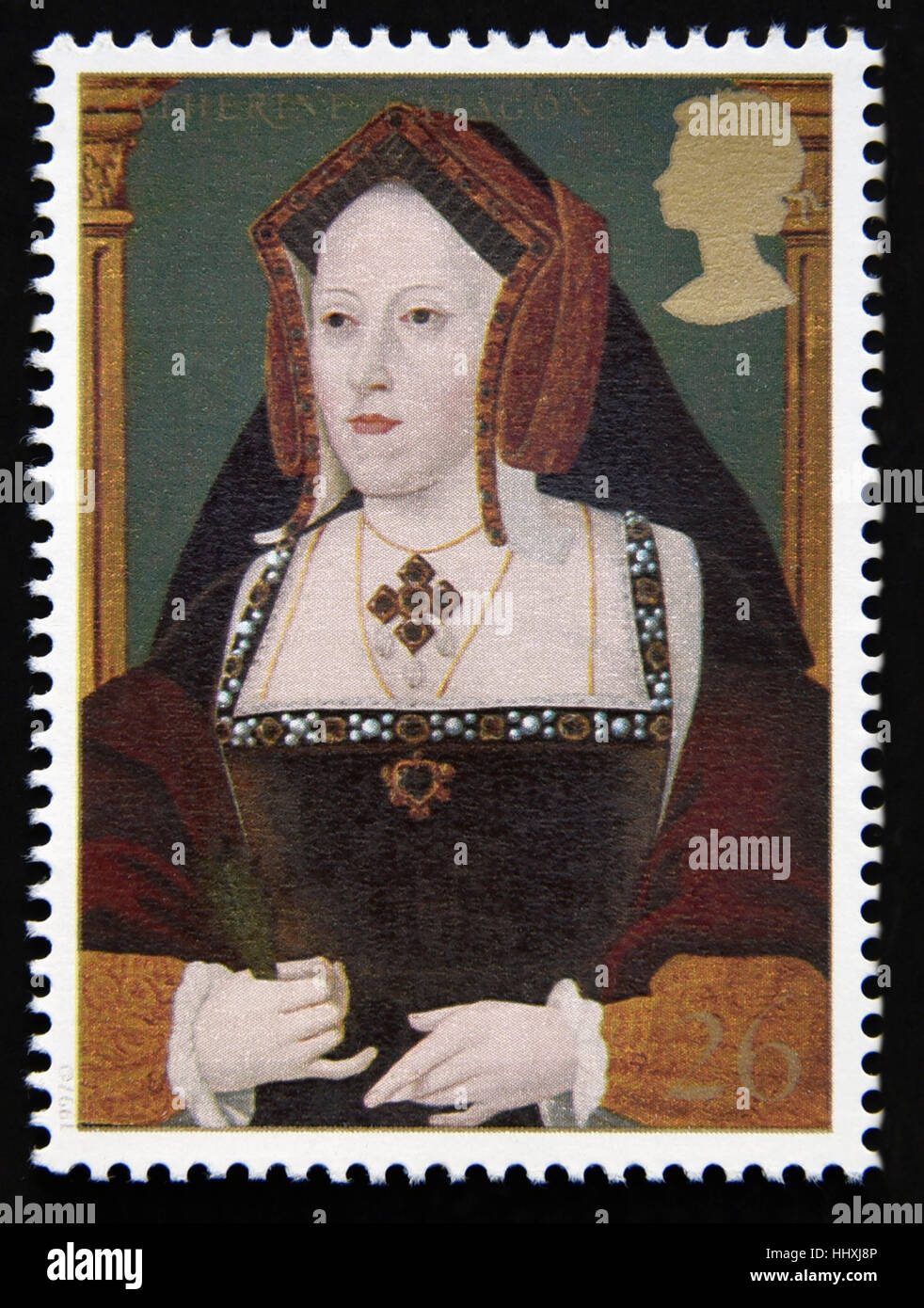 Briefmarke. Great Britain. Königin Elizabeth II. 1997. 450.. Todestag von König Heinrich VIII. Katherine von Aragon. Stockfoto