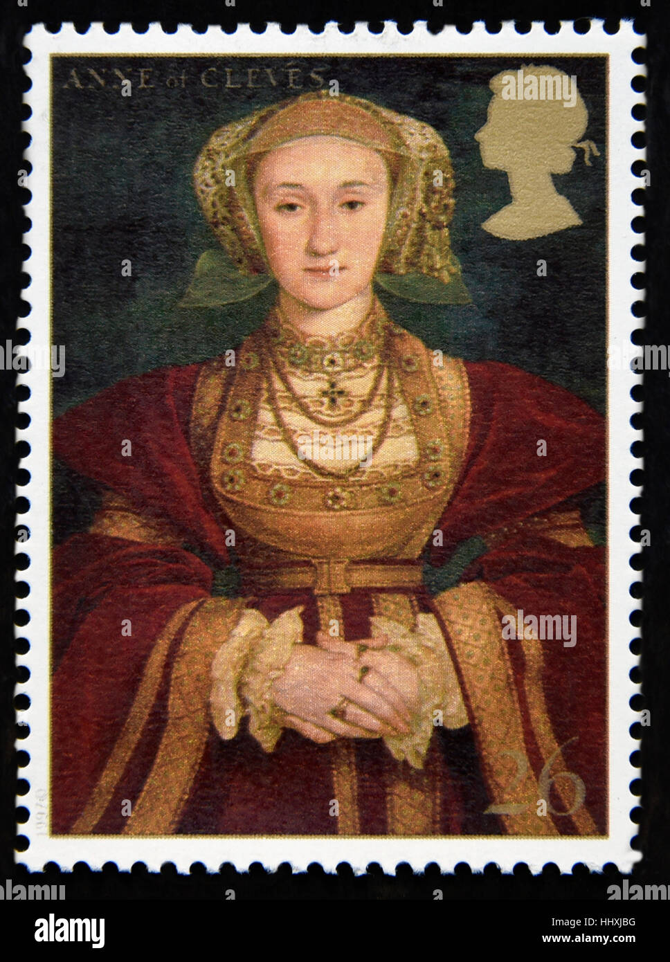 Briefmarke. Great Britain. Königin Elizabeth II. 1997. 450.. Todestag von König Heinrich VIII. Anne von Cleves. Stockfoto