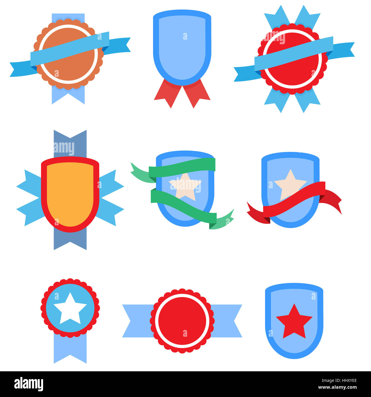 Flache Vintage Abzeichen set Vektor. Sterne und Schild Aufkleber, Etiketten und Abzeichen Emblem mit Multifunktionsleiste illustration Stockfoto