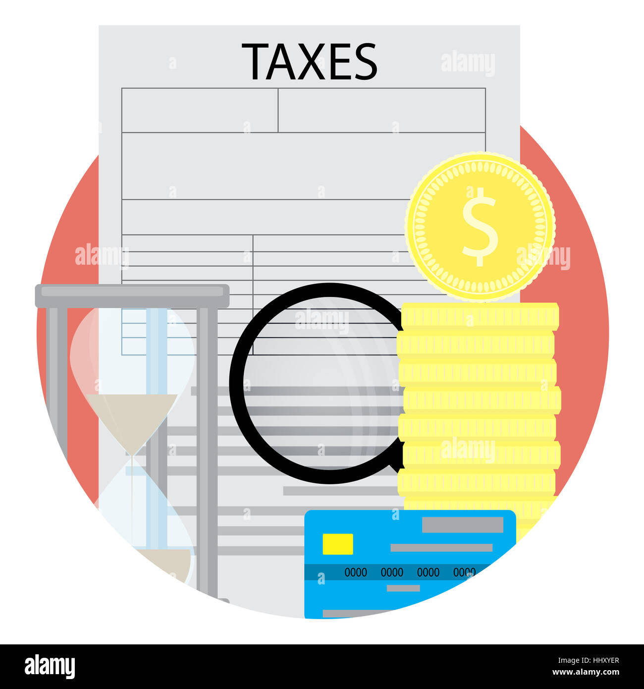 Besteuerung-Symbol Vektor. Steuerformular und Geld goldene Münzen und Kreditkarten-illustration Stockfoto