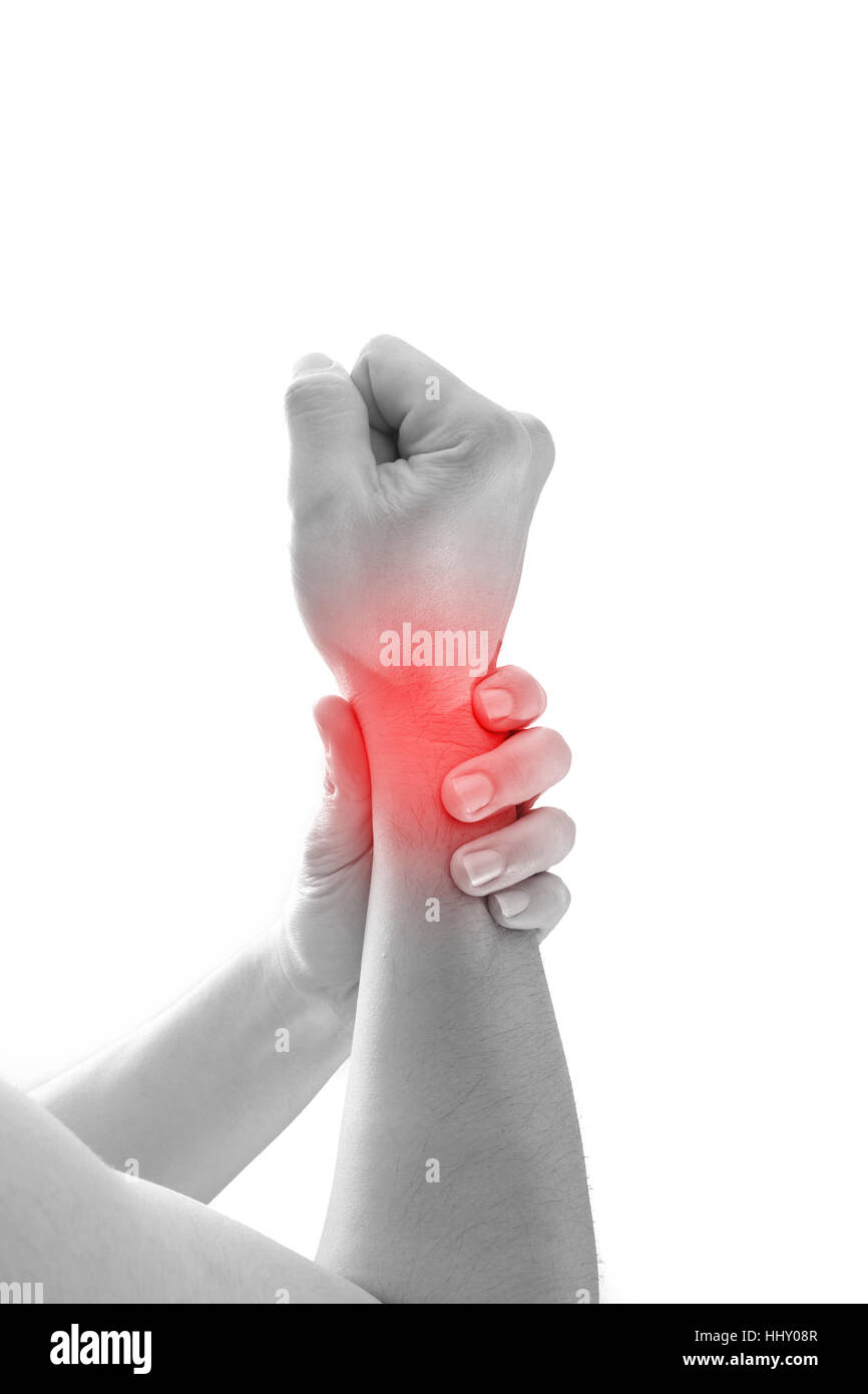 Mann Handgelenk Schmerzen Konzept, Männlich, Hand an Stelle von Schmerzen am Handgelenk hält. Stockfoto