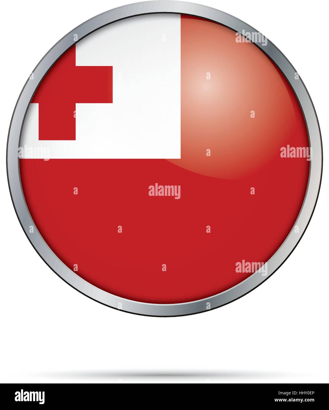 Schaltfläche "Vektor Tonga Flagge". Tonga Flagge in Glas-Knopf-Stil mit Metallrahmen. Stock Vektor