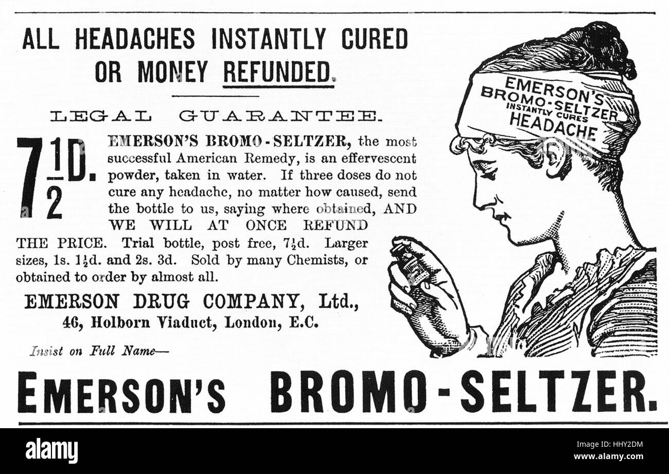 Kopfschmerzen Linderung Anzeige spät 19. Jahrhundert für den amerikanischen Erfinder Isaac Emerson Bromo-Seltzer Schmerzmittel Stockfoto