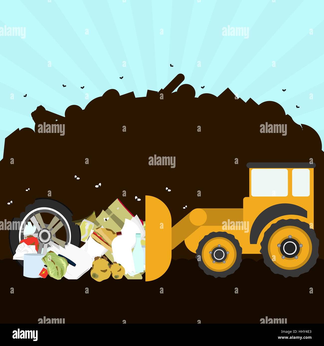 Planierraupe Neuanordnen von Müll in Deponien. Silhouette von einem Haufen von Müll im Hintergrund. Müll enthält, Glas, Kunststoff, Reifen, verdorbene Lebensmittel ein Stock Vektor