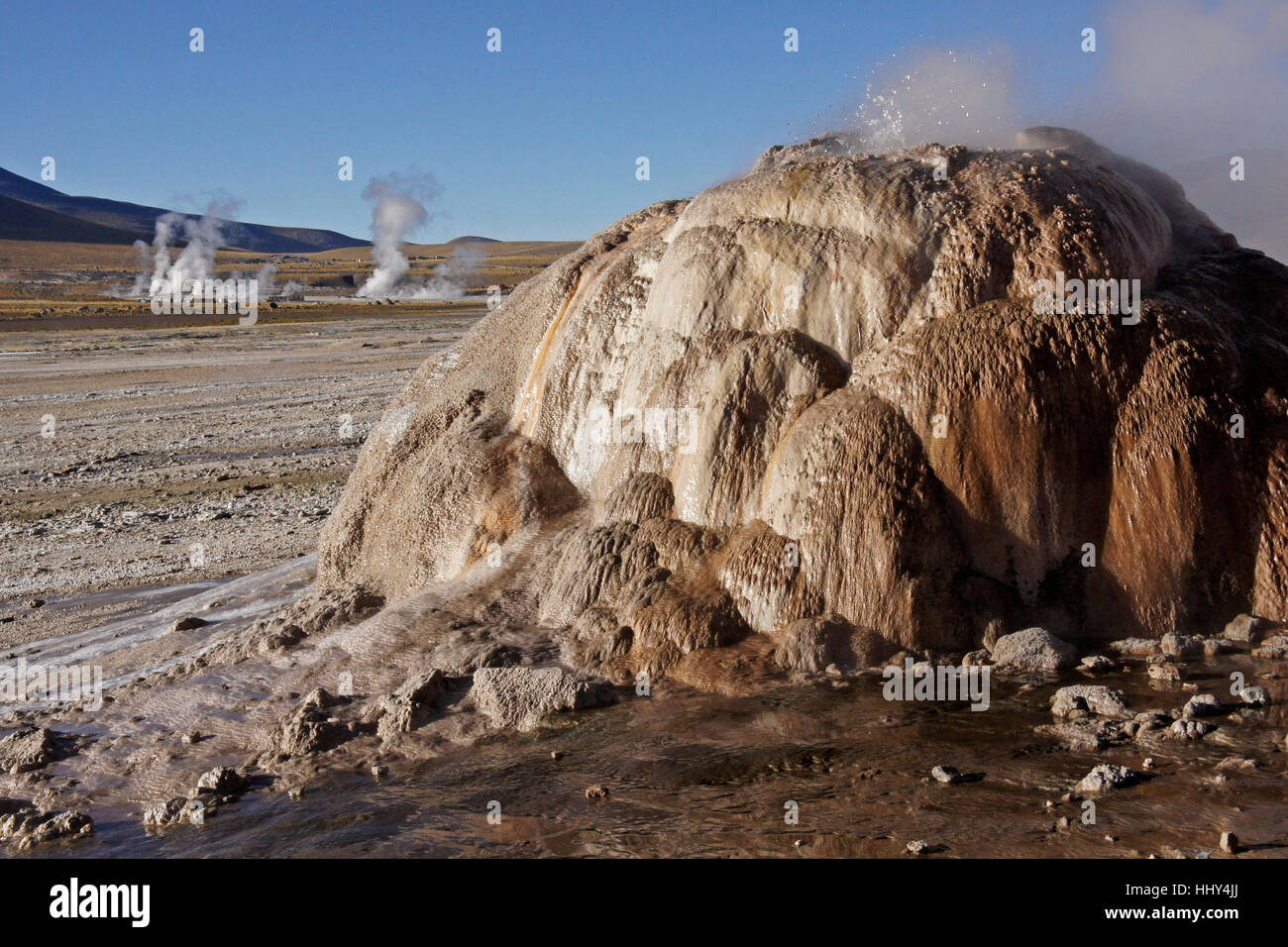 Sprudelnde, dampfende Geysire in del Tatio Geysire, Atacama-Wüste, Chile Norte Grande Stockfoto