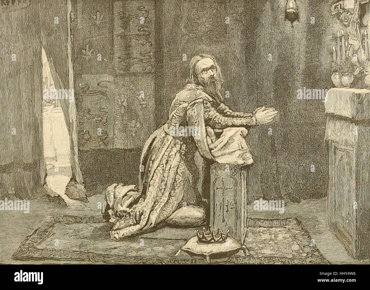 König Edward III., beten in seinem Zelt am Vorabend der Schlacht von Crécy Stockfoto