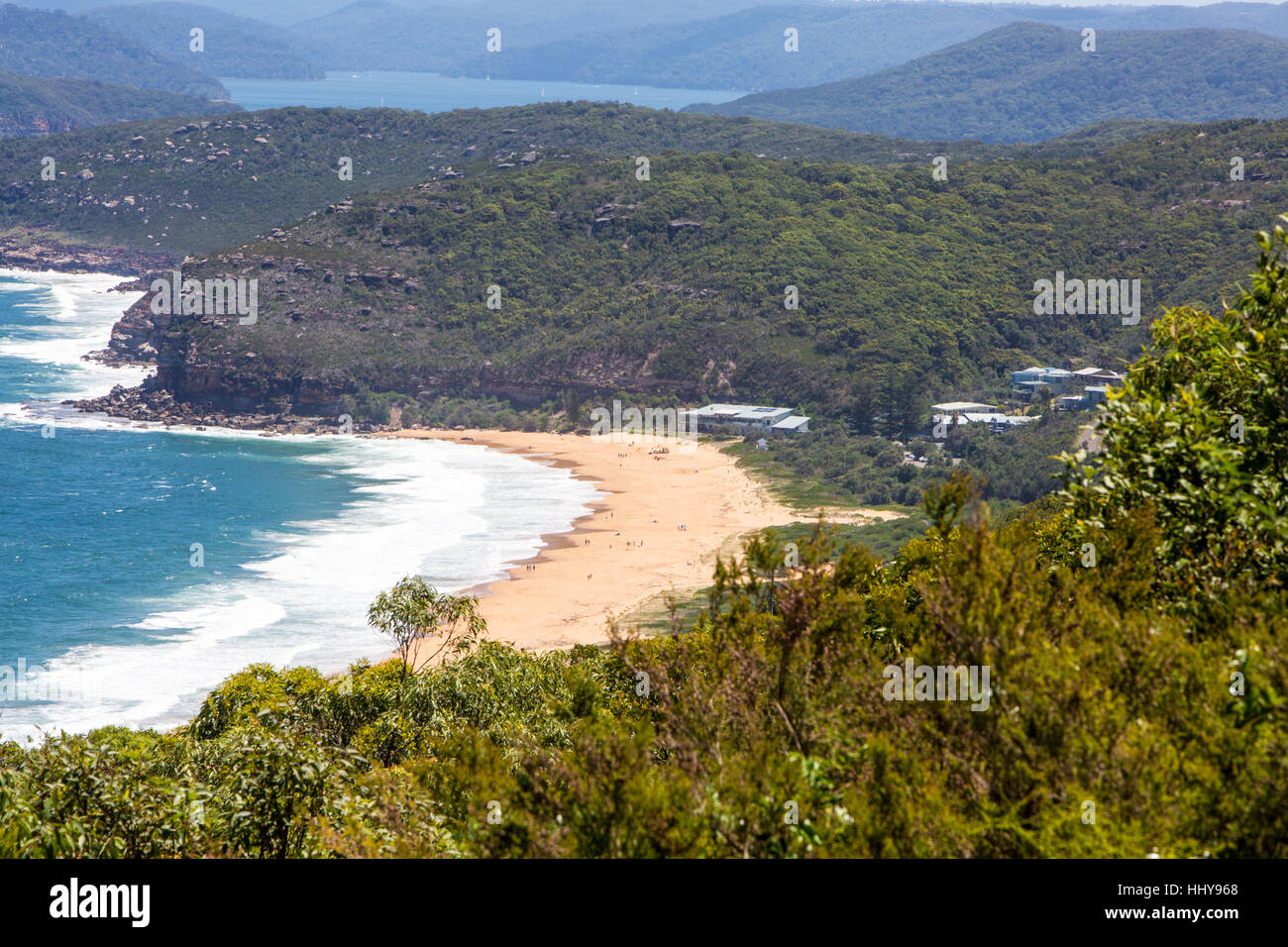 Marie Byles Aussichtspunkt und Blick auf Putty Beach und die Central Coast von New South Wales, Australien Stockfoto