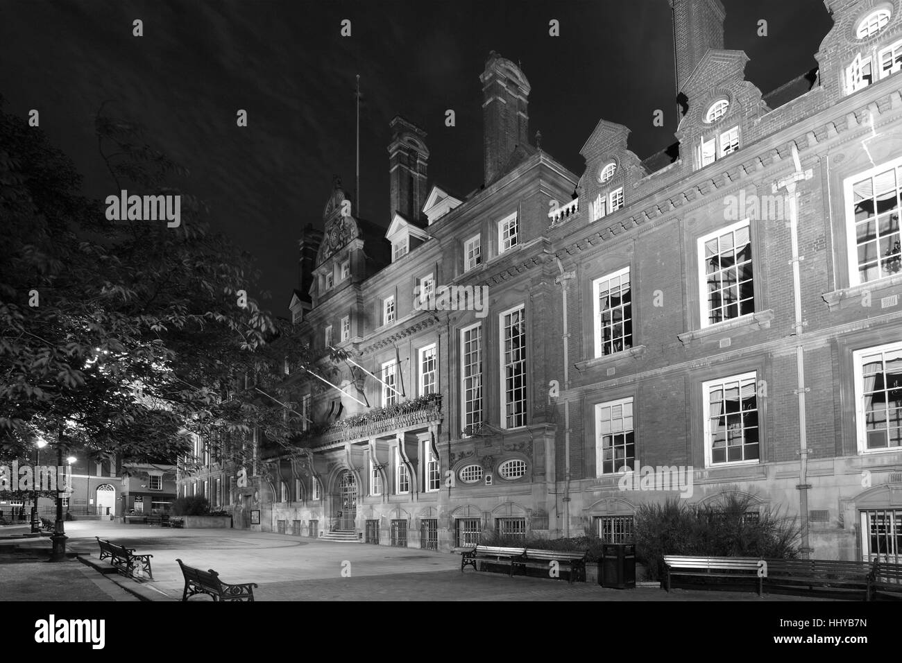 Das Rathaus in der Nacht, Gärten Rathausplatz, Leicester City, Leicestershire, England; Großbritannien; UK Stockfoto