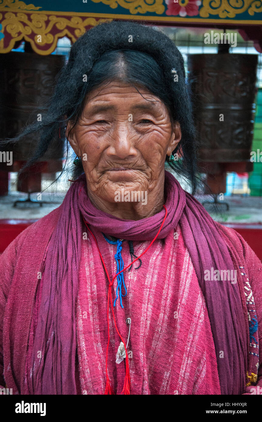 Porträt einer Frau aus der Monpa in Tawang, Arunachal Pradesh, Nordostindien Stockfoto