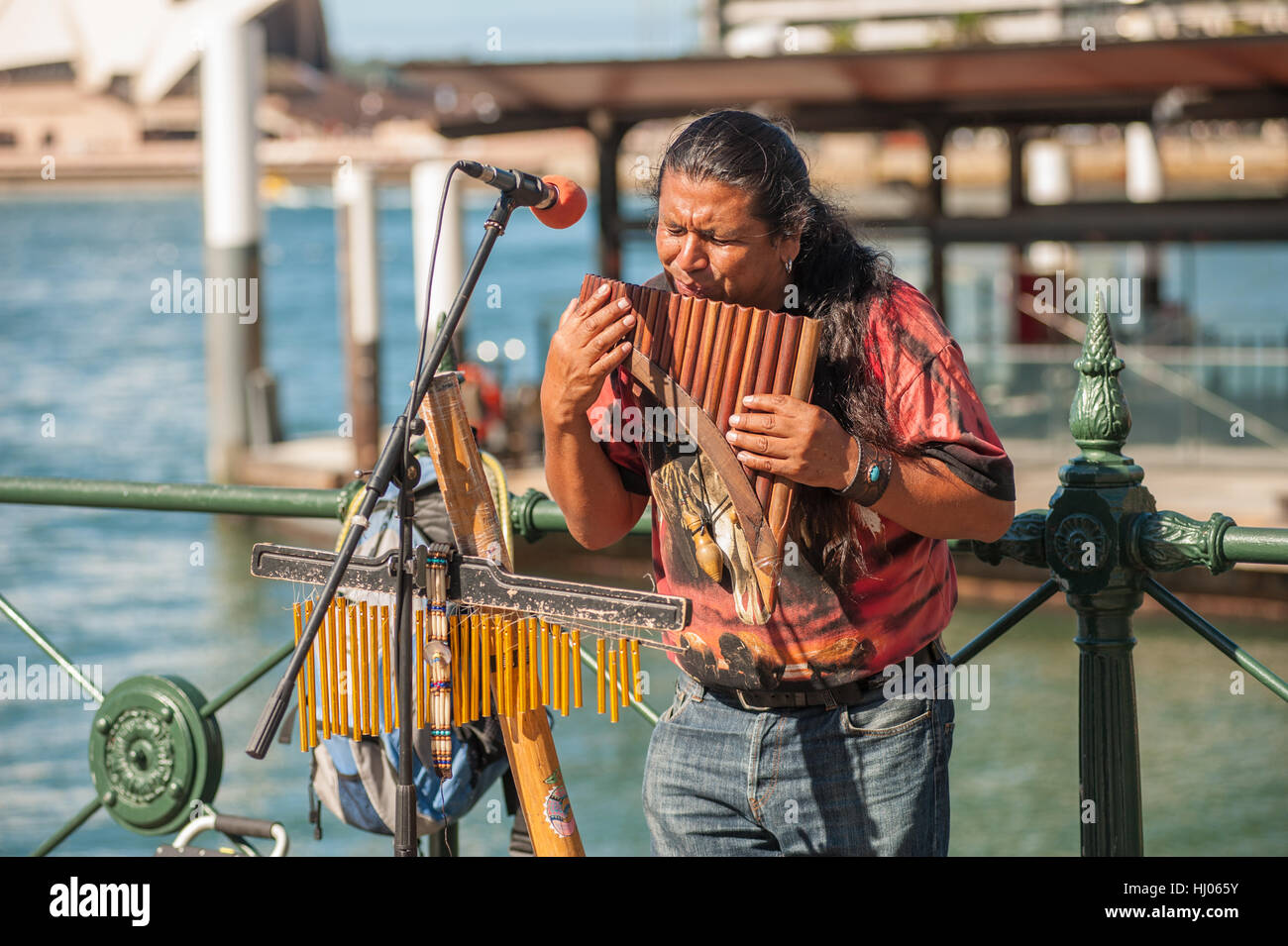 Ecuadorianischen Mann spielt Panflöte entlang den Hafen von Sydney, Australien Stockfoto