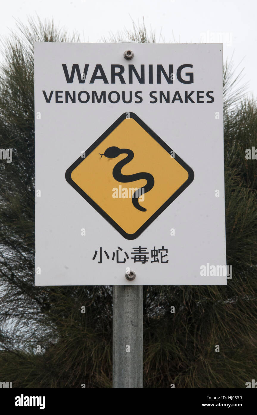 Zweisprachige Schlange Gefahren-Warner für Touristen, die die zwölf Apostel an der Great Ocean Road, Victoria, Australien Stockfoto