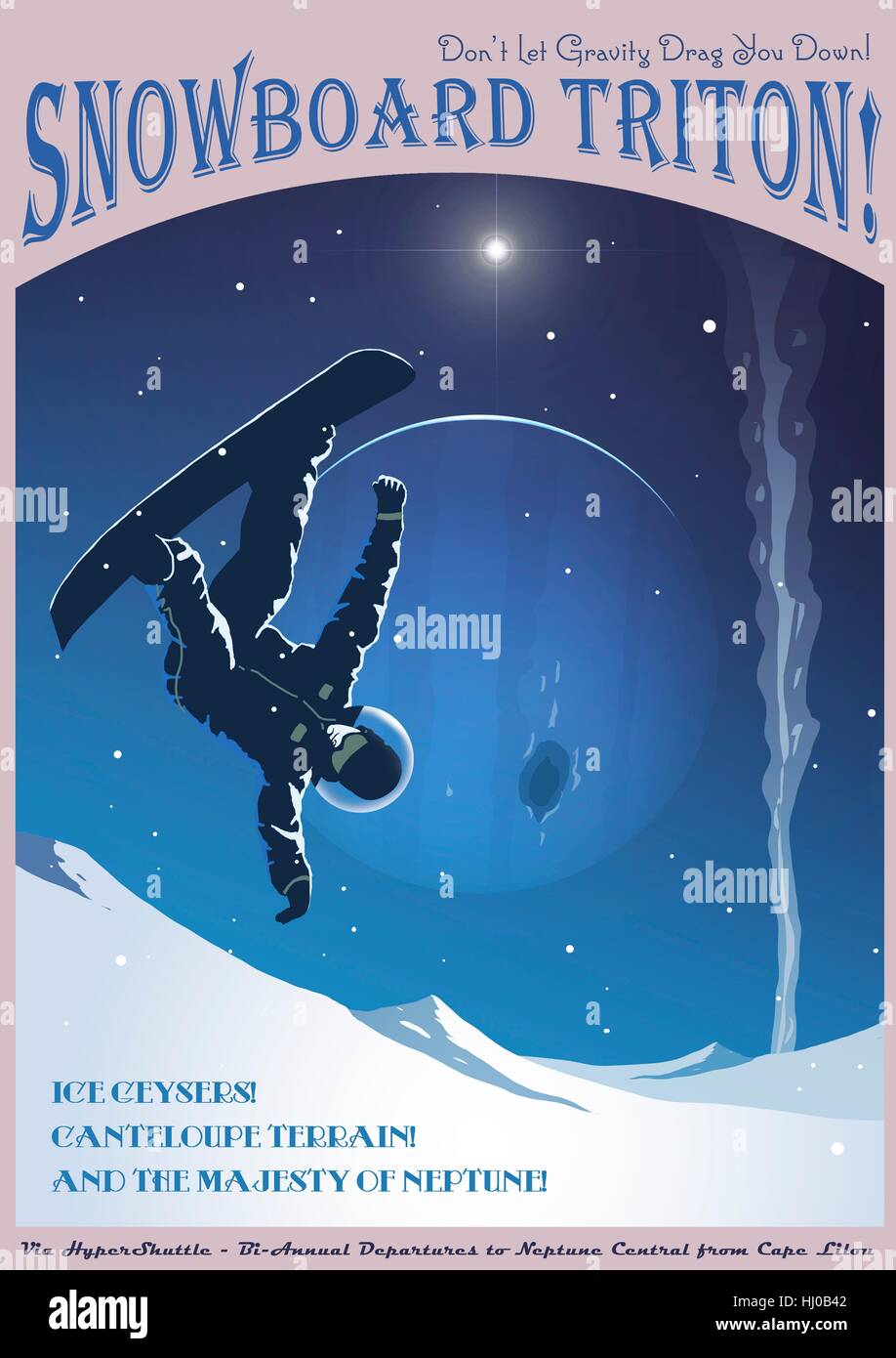Triton ist der größte Mond des Gases riesigen Neptun. Es ist berühmt für seine ungerade Gelände (z. B. die Melone-Gelände) und seine cryonic Geysire. Dieses faux Reisen Poster präsentiert Snowboarden auf Triton als touristische Attraktion im Art Deco Stil. Stockfoto