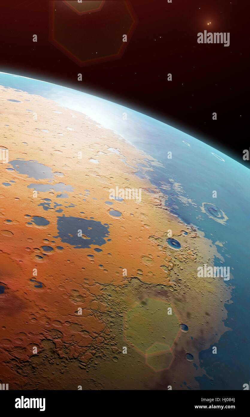 Proxima ist der nächste Stern zur Sonne. Es ist ein dunkel roter Zwerg, kleiner als unsere Sonne und viele tausend Mal heller. Hier sehen wir es mit einer umlaufenden felsigen Planeten, vor kurzem entdeckt, namens Proxima b. oben und auf der rechten Seite können Sie auch aus Alpha Centauri ist ein Doppelstern mit zwei sonnenähnlichen Komponenten gesehen. Das Paar Alpha Centauri umkreisen einander ziemlich eng während Proxima dieses paar viel weiter aus, bilden ein Dreifachsystem umkreist. Astronomen vermuten, dass Proxima b in flüssigem Wasser bedeckt werden kann, wie hier dargestellt. Stockfoto