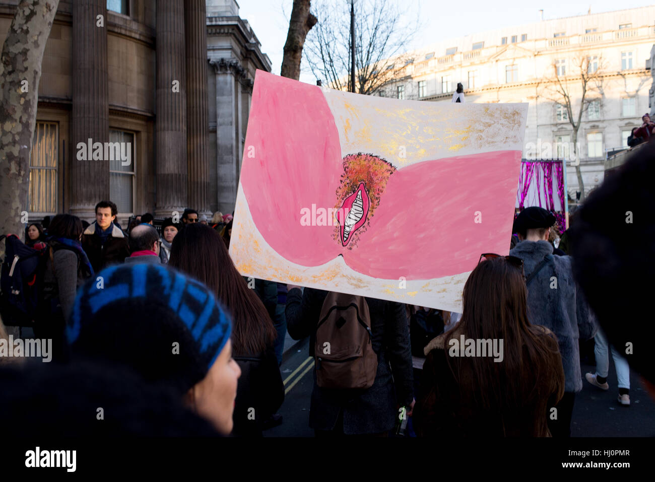 London, UK - 21. Januar 2017.   Tausende Menschen protestieren auf dem Trafalgar Square an der Frauen Demonstration gegen Donald Trump für Menschenrechte und Gleichberechtigung fordern. Stockfoto