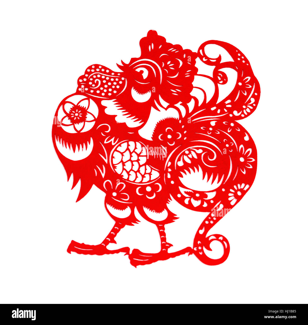 rot flach Papierschnitt auf weiß als Symbol des chinesischen neuen Jahres der Hahn-2017 Stockfoto