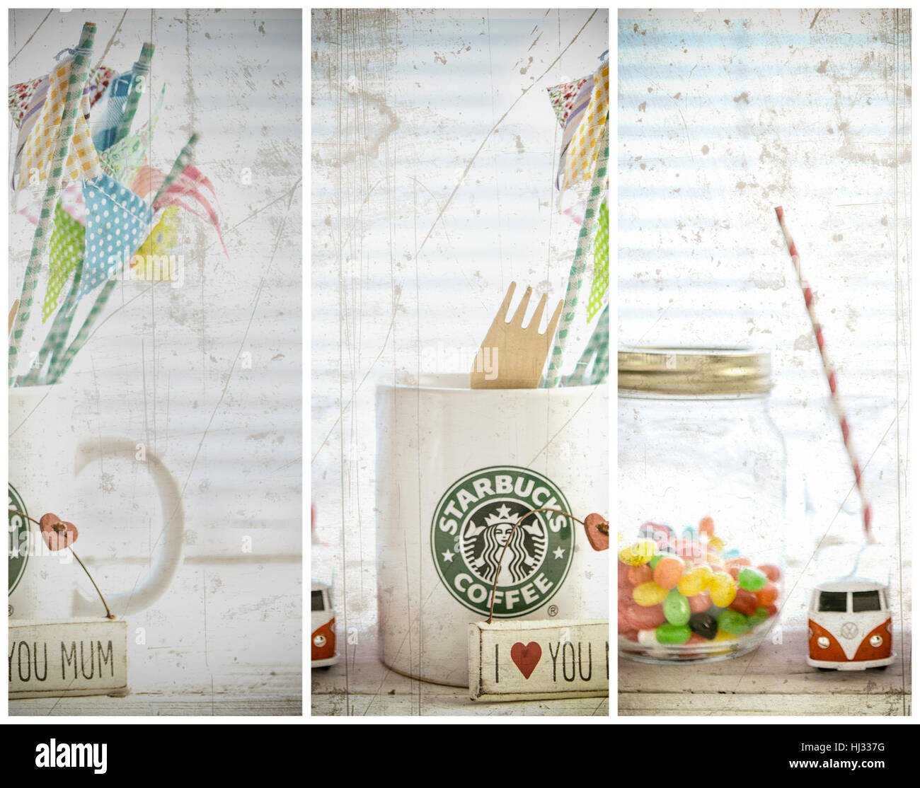 Weiß-Starbucks-Becher mit Starbucks-Logo, VW Camper Van, jellybeans auf weißem Holz Hintergrund. Stockfoto
