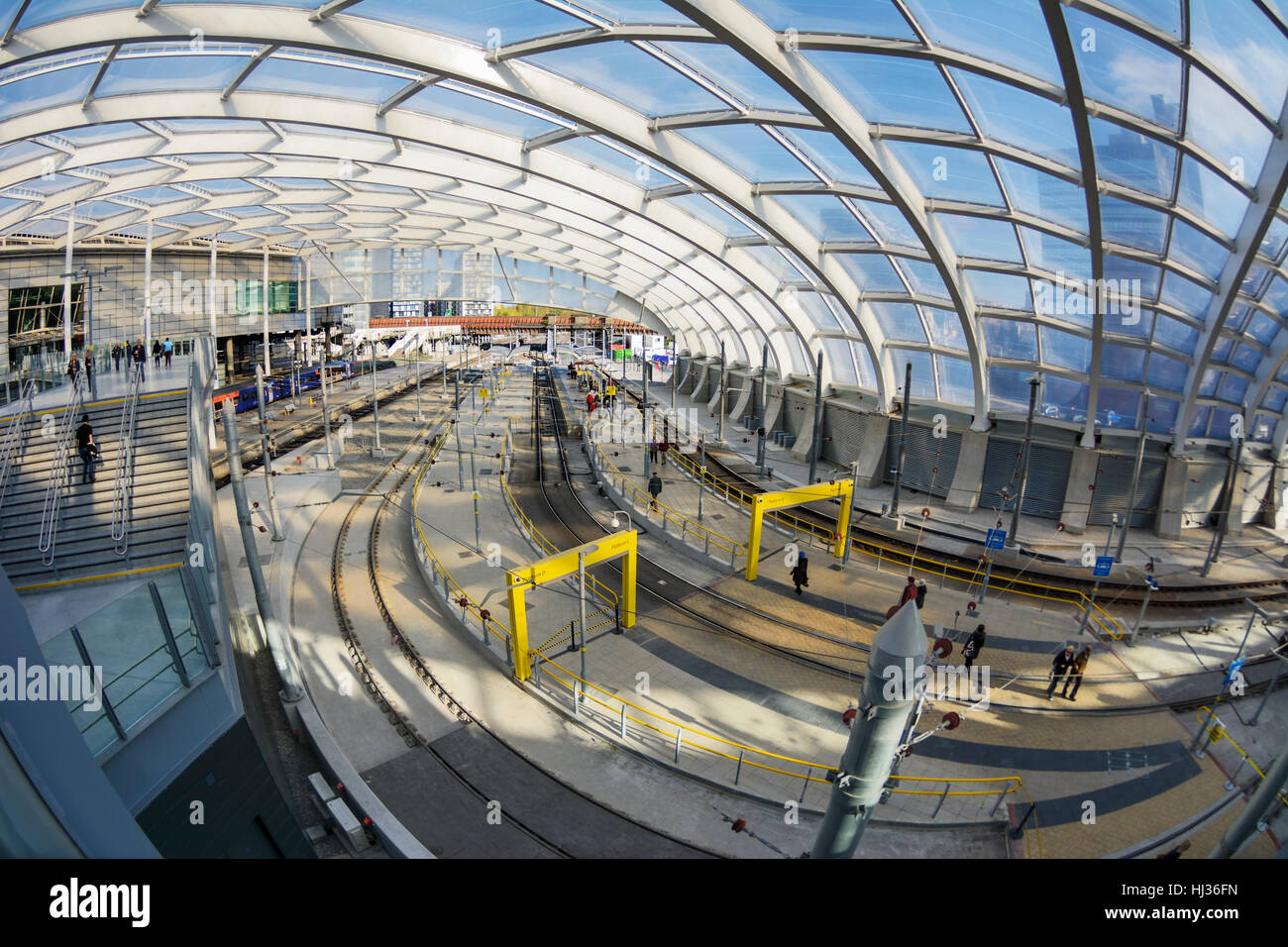 Panoramablick über Manchester Victoria Zug und Tram station Austausch. Stockfoto