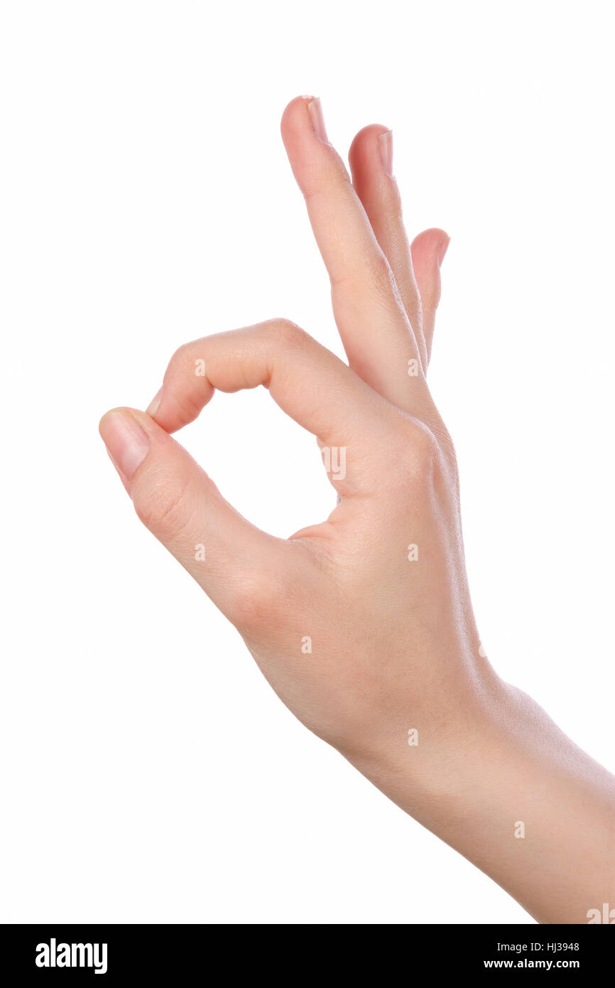 Frau hand nach oben Okay, ja, Annahme von Handzeichen zur Seite, Studio, isoliert Stockfoto
